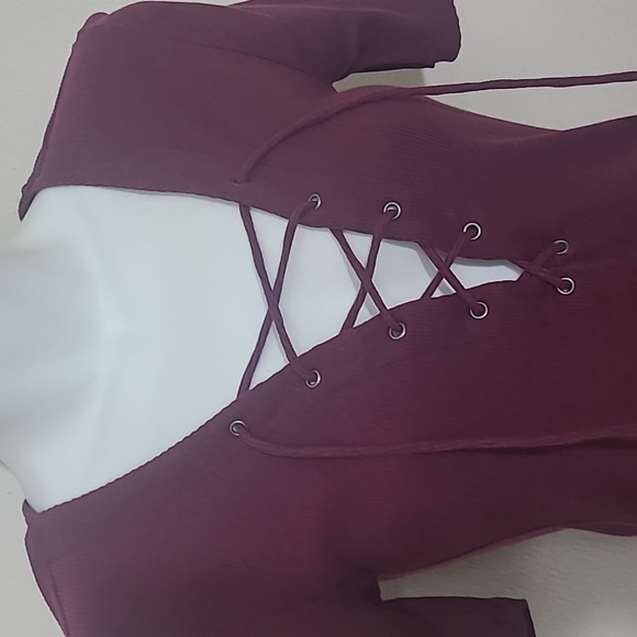 Lace Up V neck T-shirt Top Short Sleeve Ribbed Burgandy Stretch Croquette Girl - Picture 1 of 5